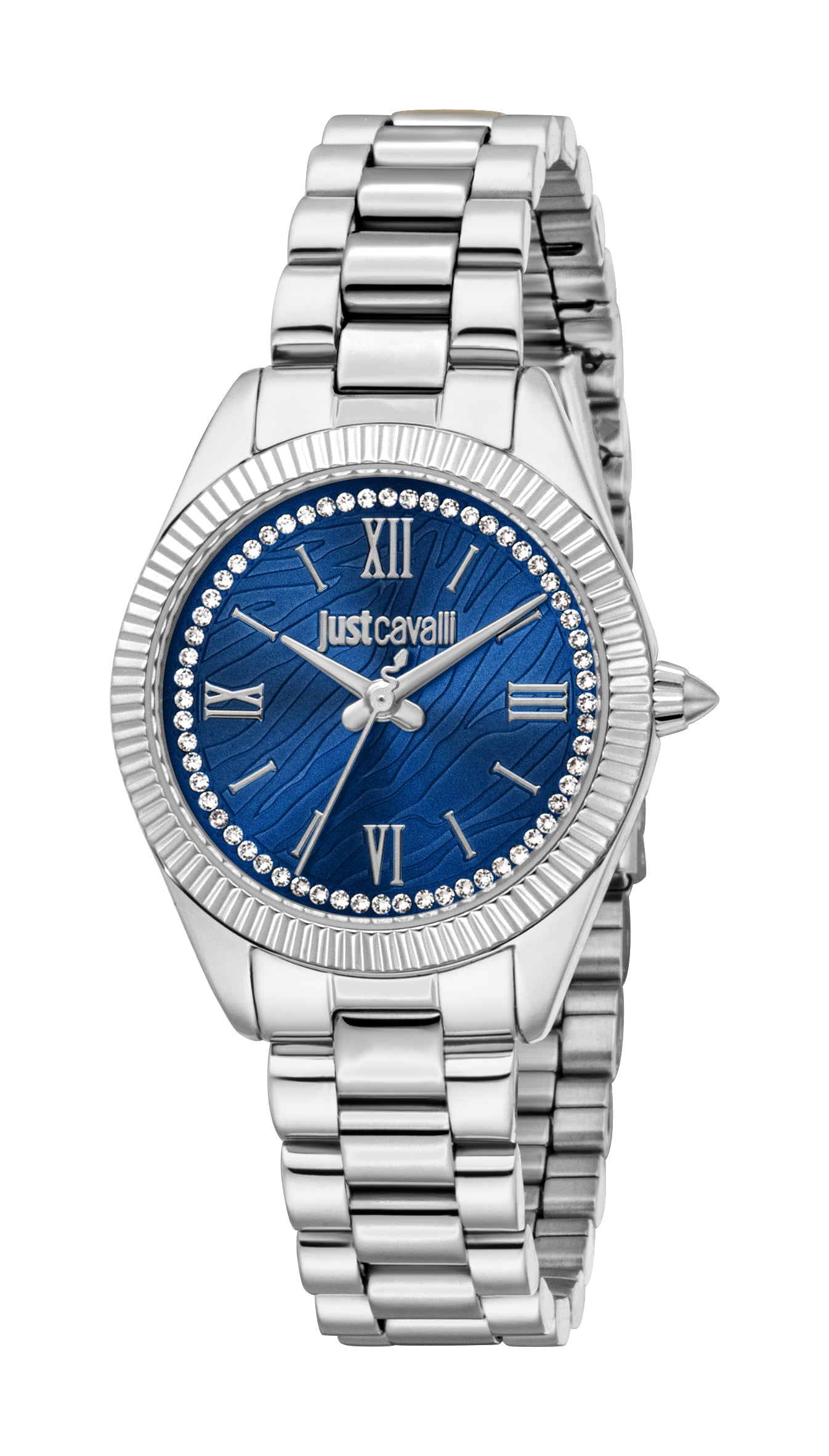 Just Cavalli women's watch with a silver-toned metal case and bracelet, a blue textured dial, and crystal-set bezel.