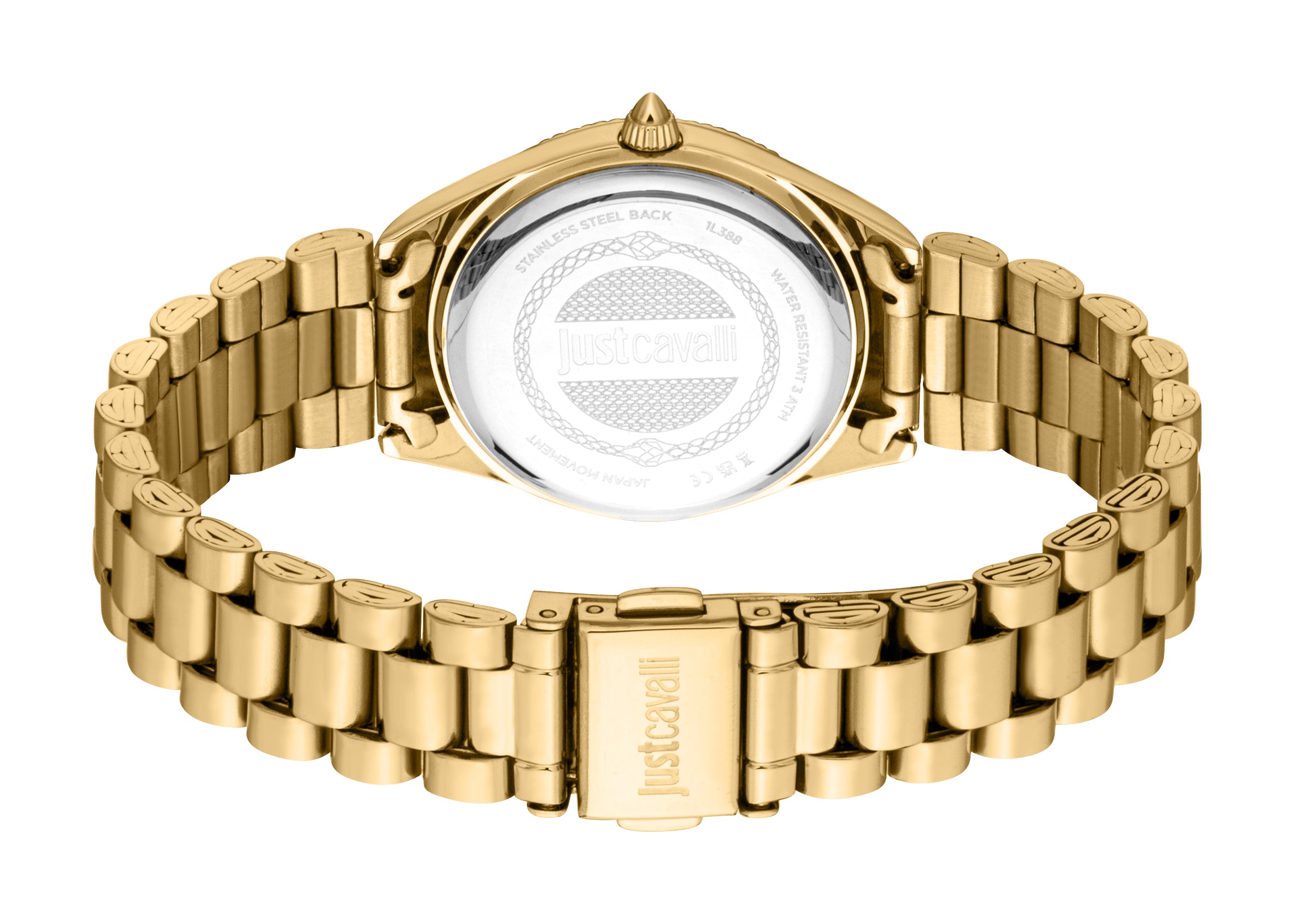 Gold-toned women's watch with a metal link bracelet. The silver-toned stainless steel back features 'Just Cavalli' and a snak