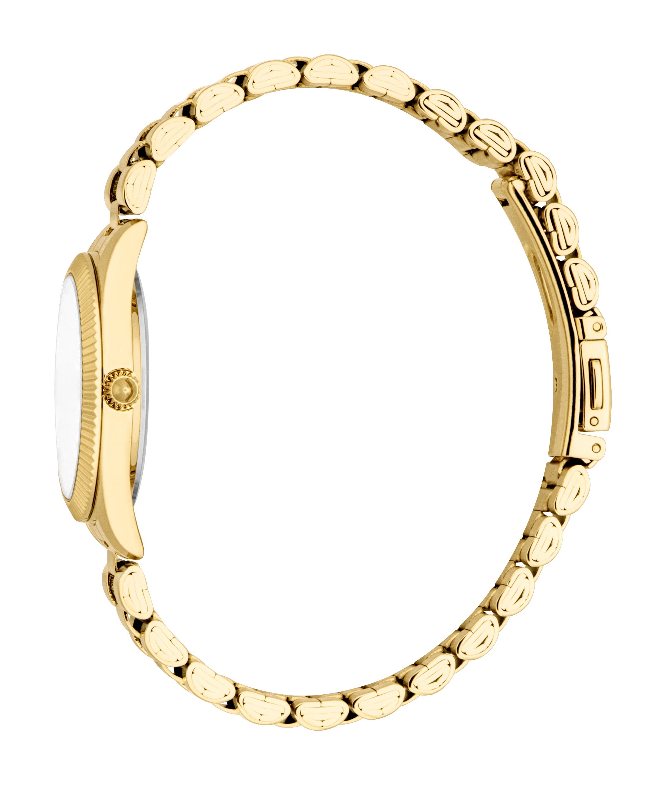 Gold-toned women's watch with a fluted bezel, silver dial, and a gold-toned bracelet with oval-shaped links.