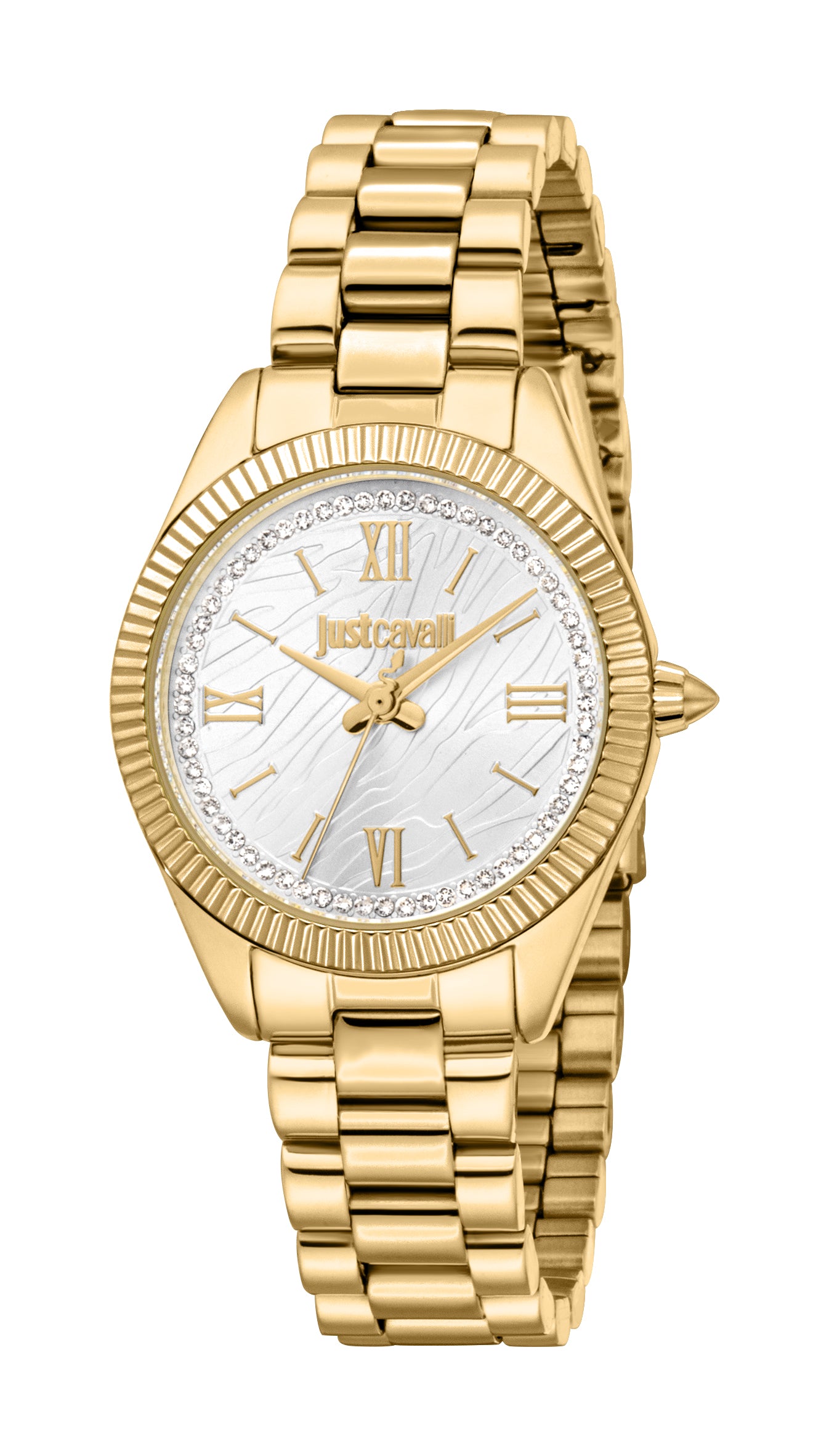Gold-toned Just Cavalli women's watch with a polished link bracelet, fluted bezel, and a silver-toned dial with wavy texture