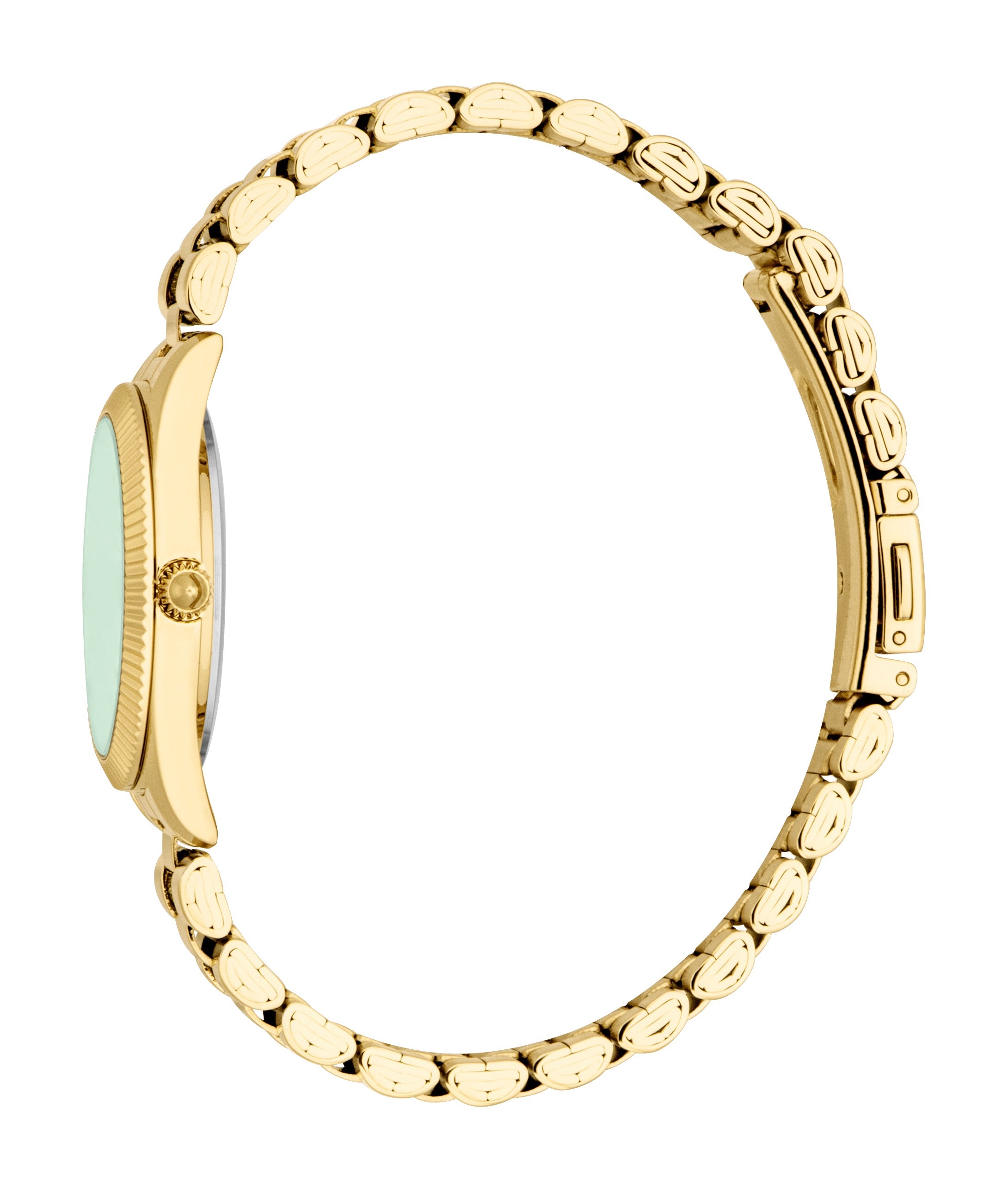 Gold-toned watch with a light green dial, fluted bezel, and a gold-toned link bracelet with textured oval links and a fold-ov