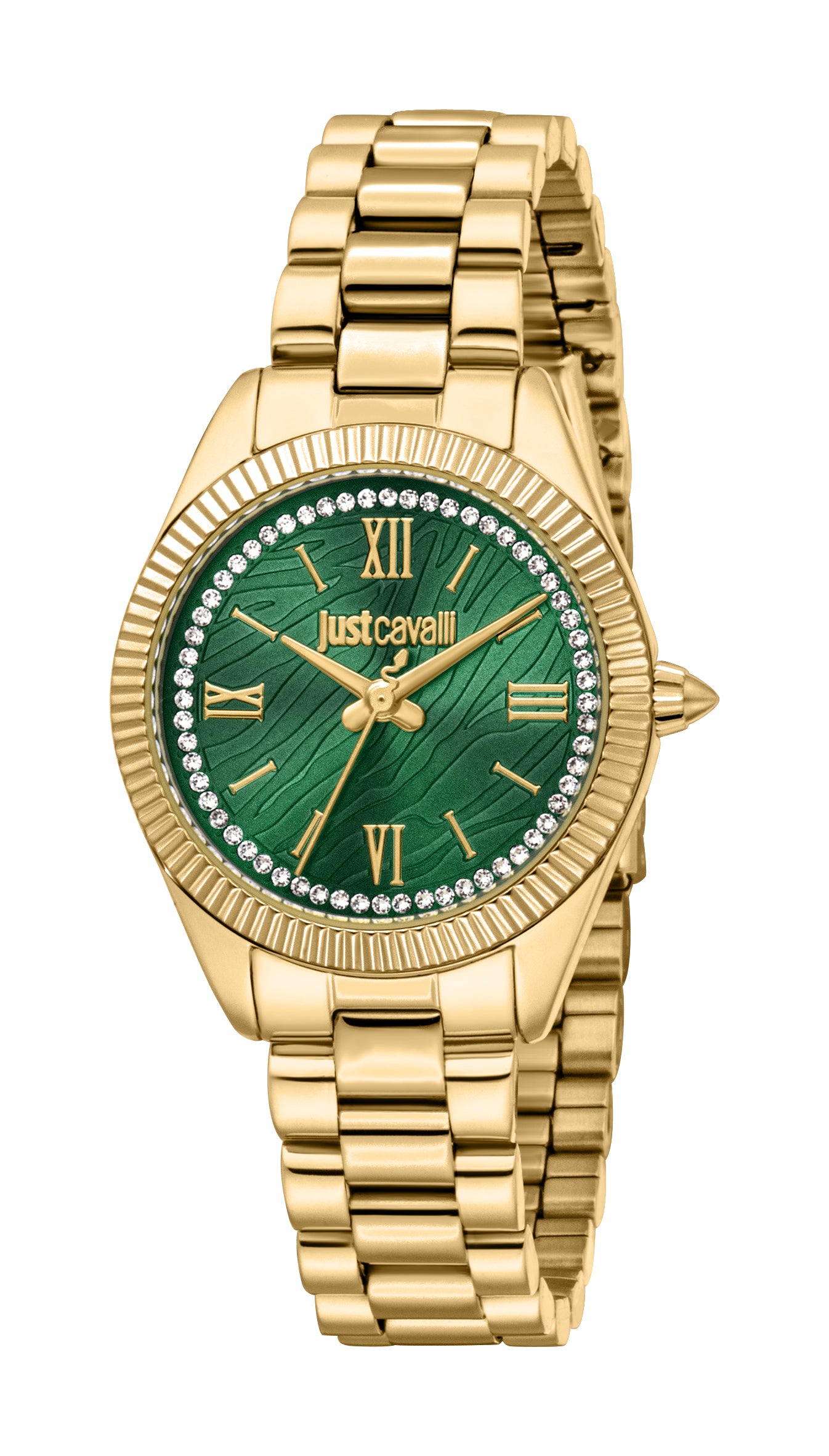 Gold-toned women's watch with a green textured dial, Roman numerals, and a crystal-embellished bezel.