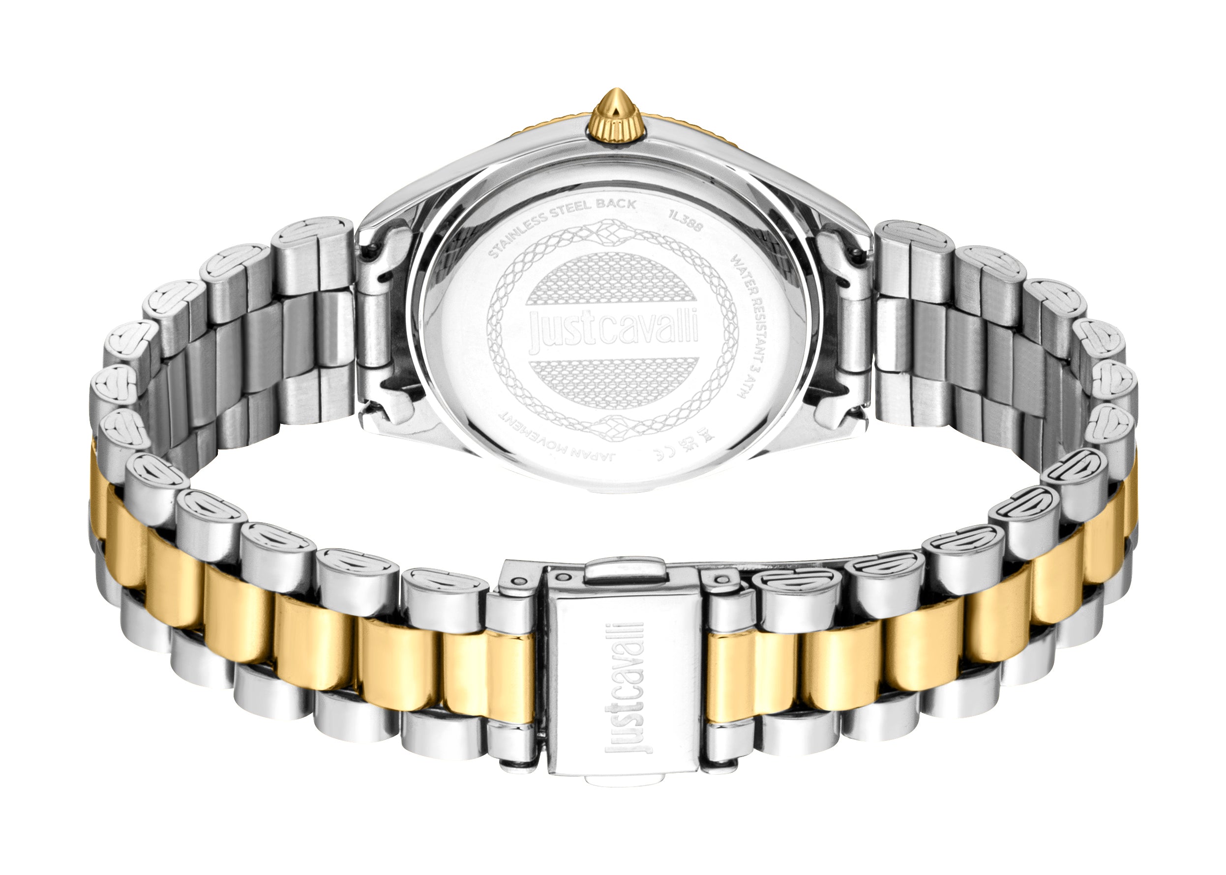 Women's watch with a silver-toned case back, gold-toned crown, and a two-tone link bracelet of silver-toned and gold-toned li
