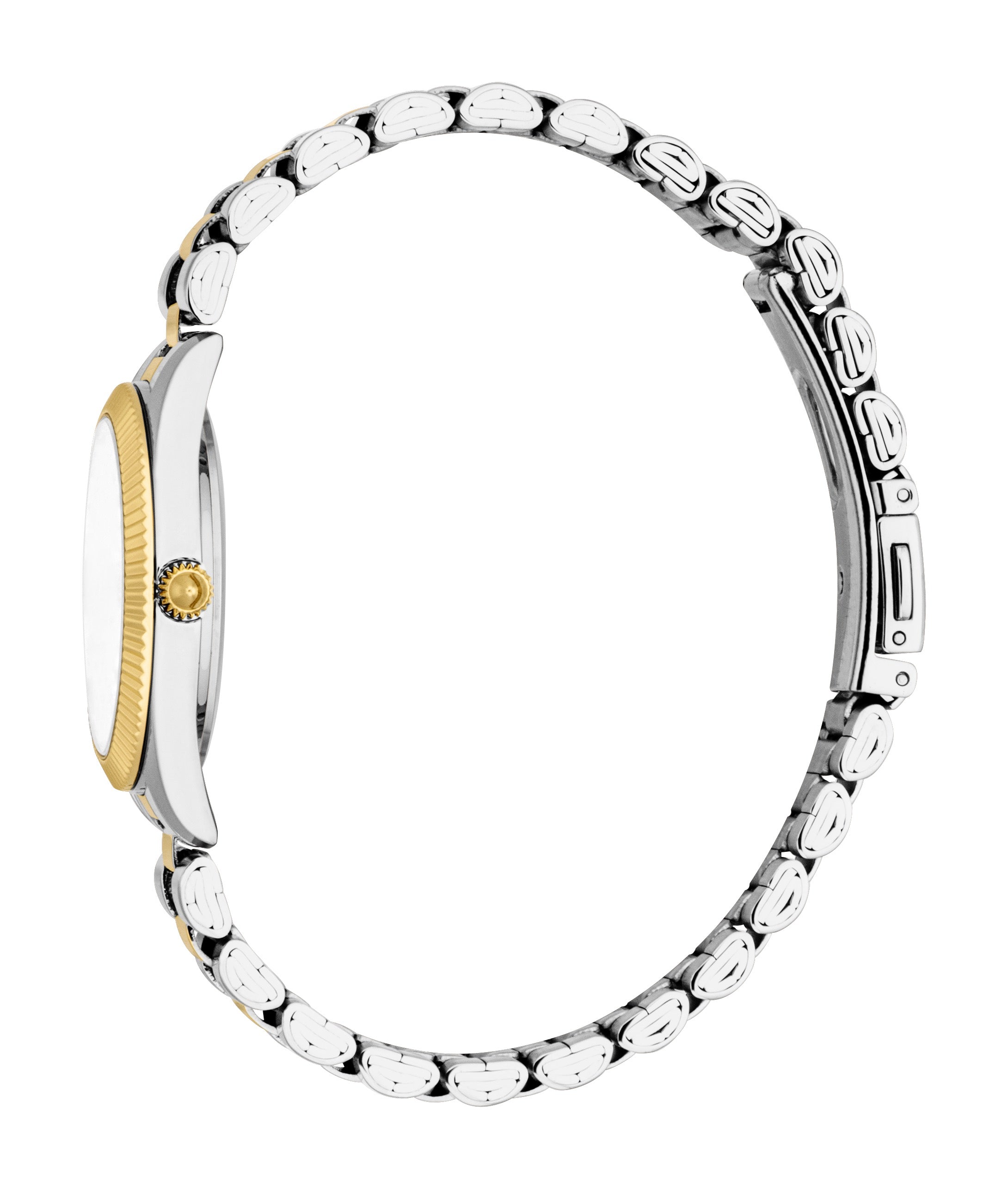 Two-toned watch with a silver-toned case, gold-toned fluted bezel, white dial, and silver-toned textured link bracelet with g
