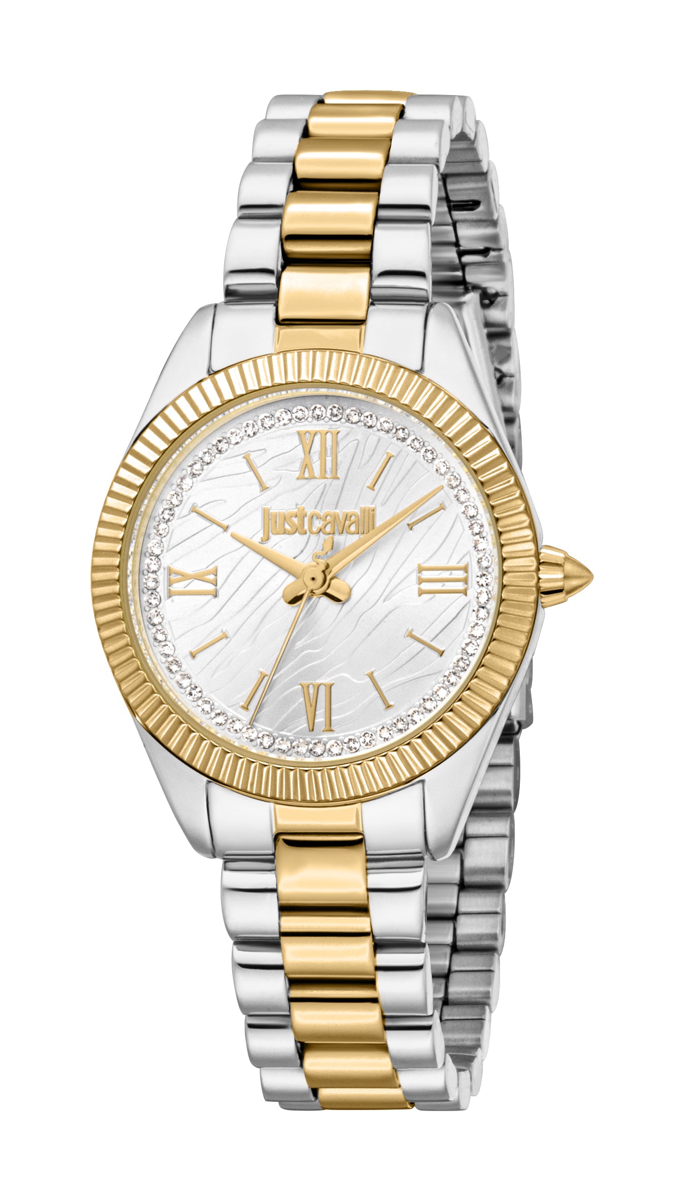 Just Cavalli women's two-tone silver and gold-toned metal watch with a white wavy-textured dial and crystal-embellished bezel