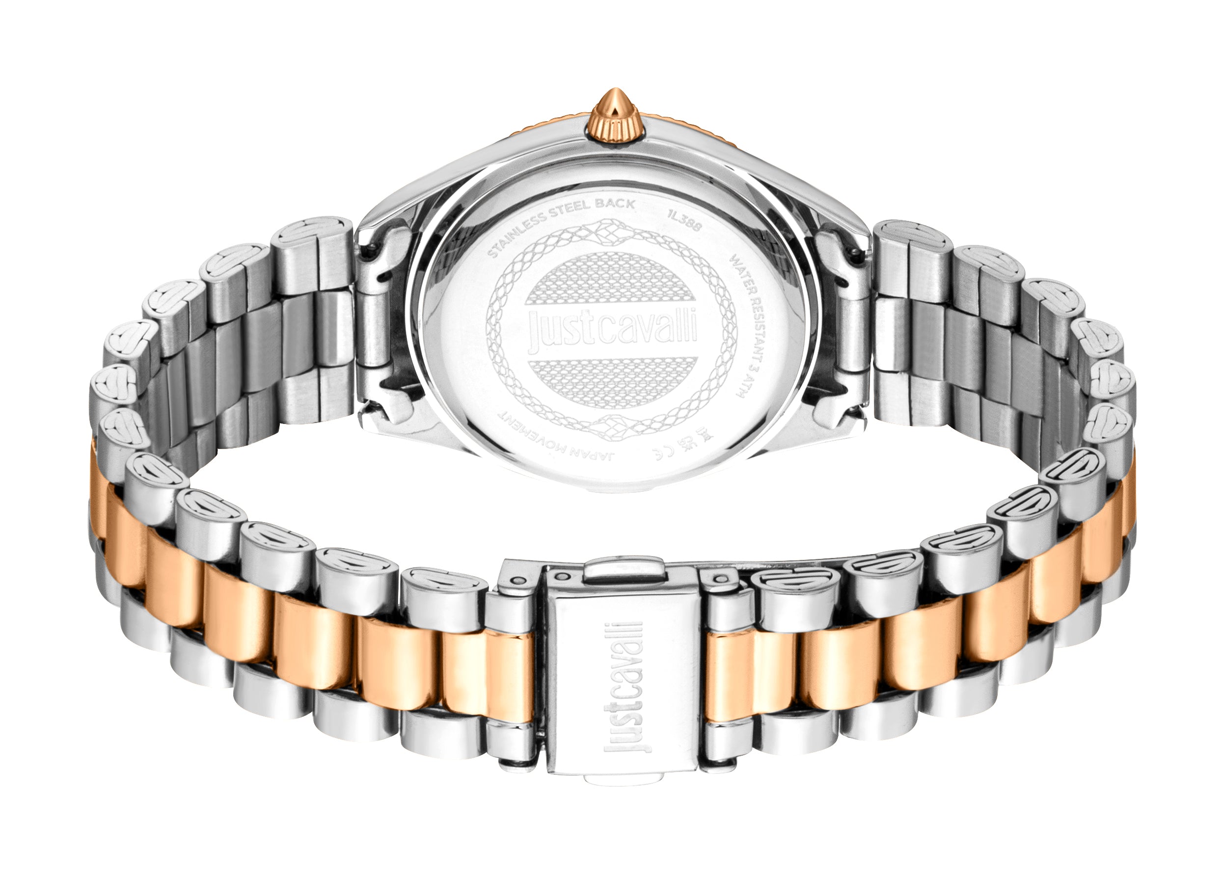 Silver-toned watch with a rose-gold-toned crown and a two-tone bracelet of silver-toned and rose-gold-toned links.