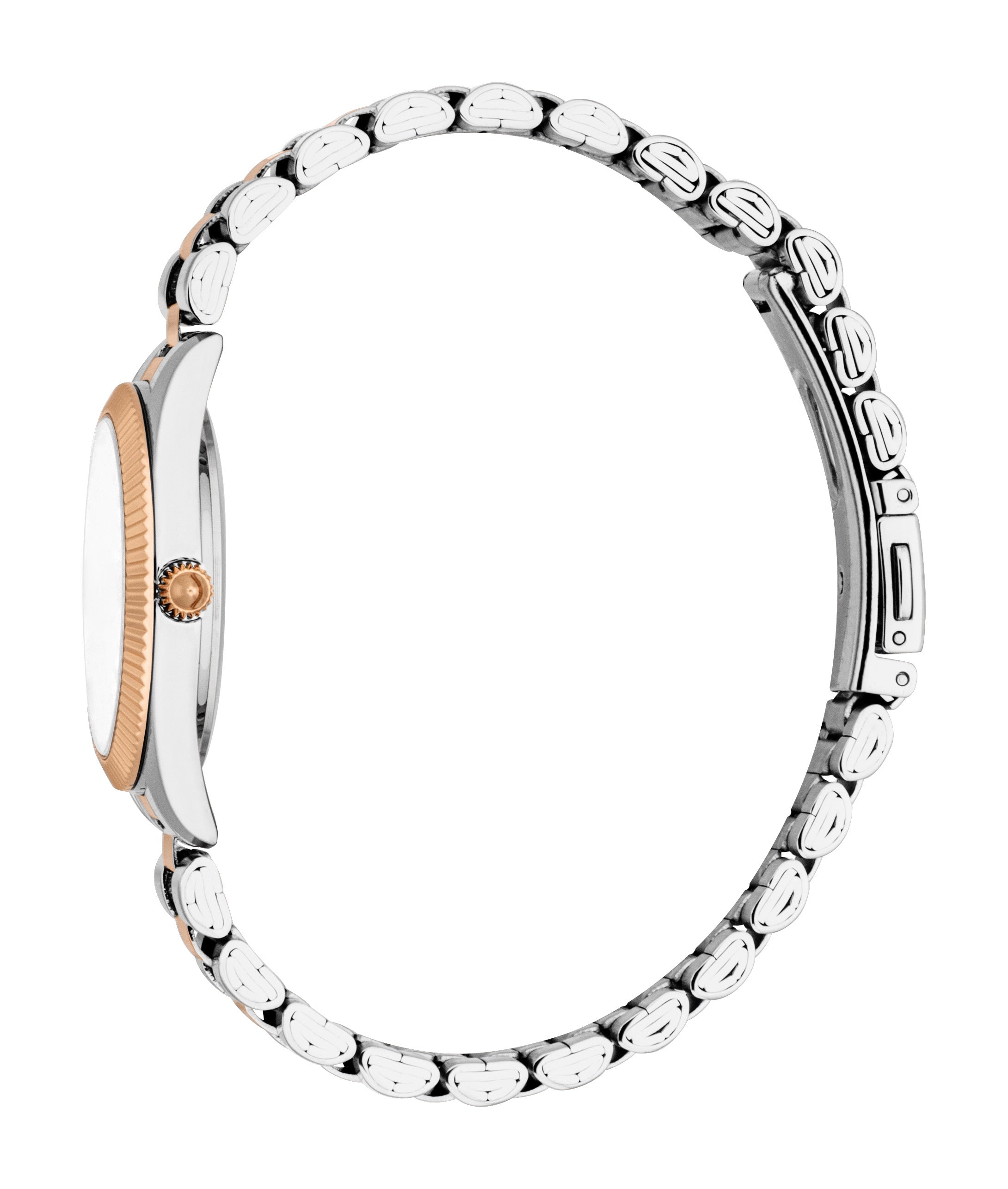 Two-tone watch with a silver-toned case, rose gold-toned bezel and crown. Silver-toned bracelet with textured links.