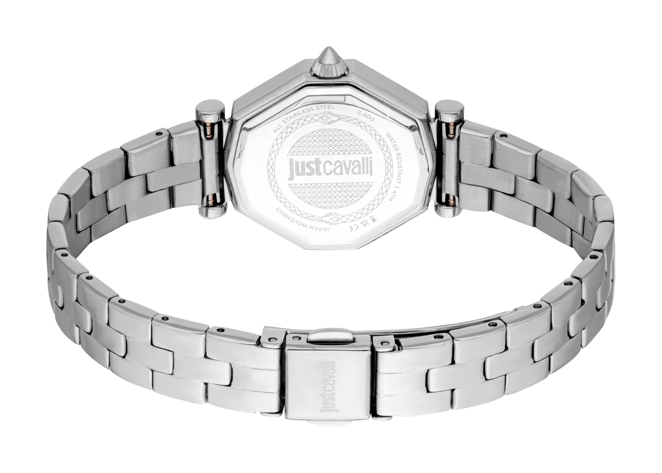 Silver-toned octagonal watch with a pointed crown and a stainless steel link bracelet with a deployant clasp.