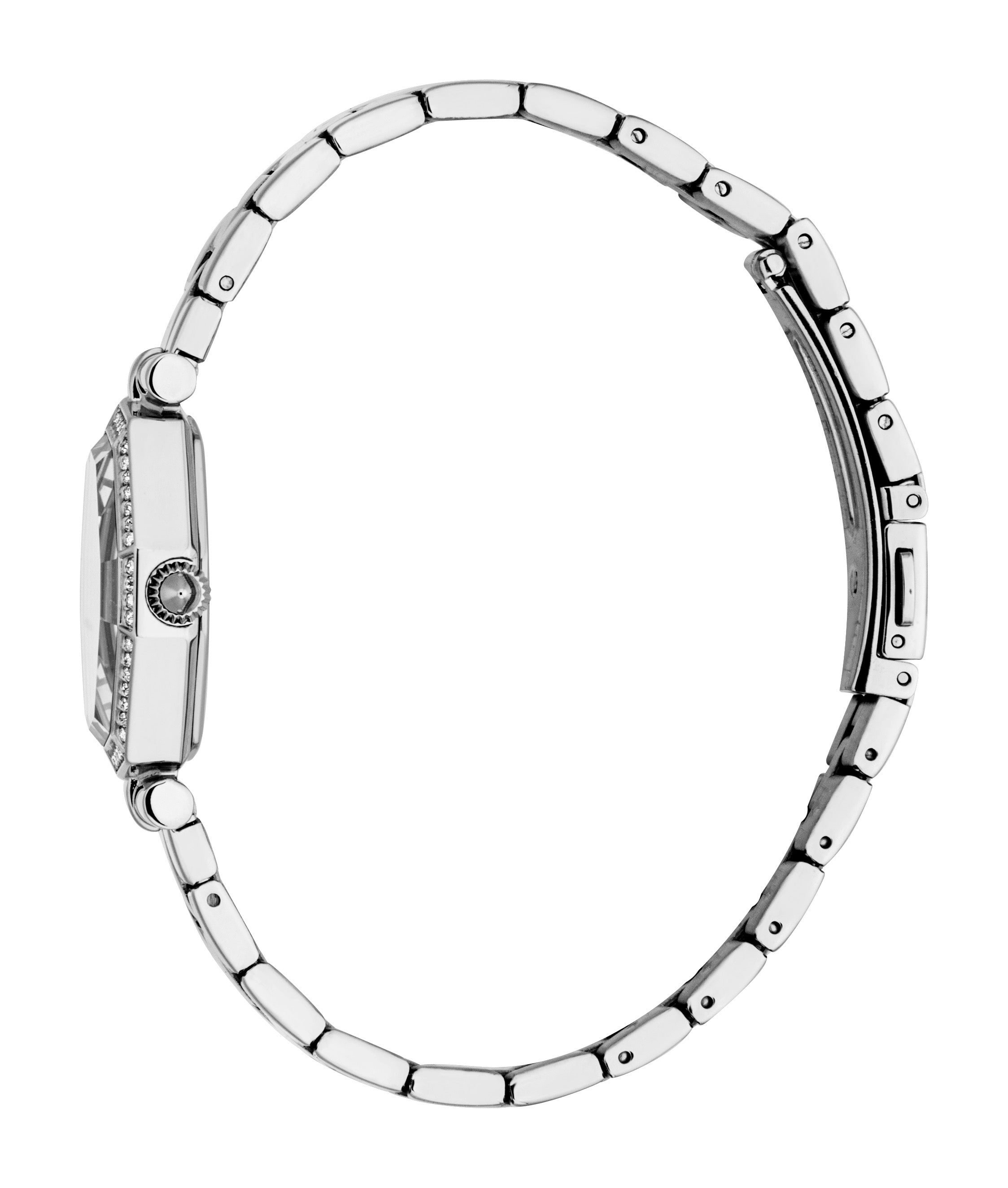 Silver-toned rectangular watch with clear stones on the case, a textured crown with a stone, and a silver-toned link band.