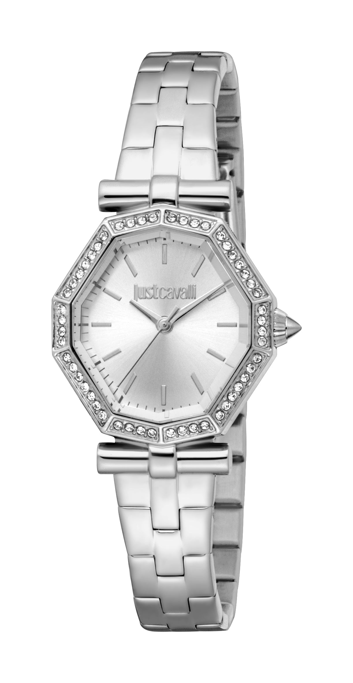 Silver-toned Just Cavalli women's watch with an octagonal case, silver dial, crystal-set bezel, and stainless steel multi-lin