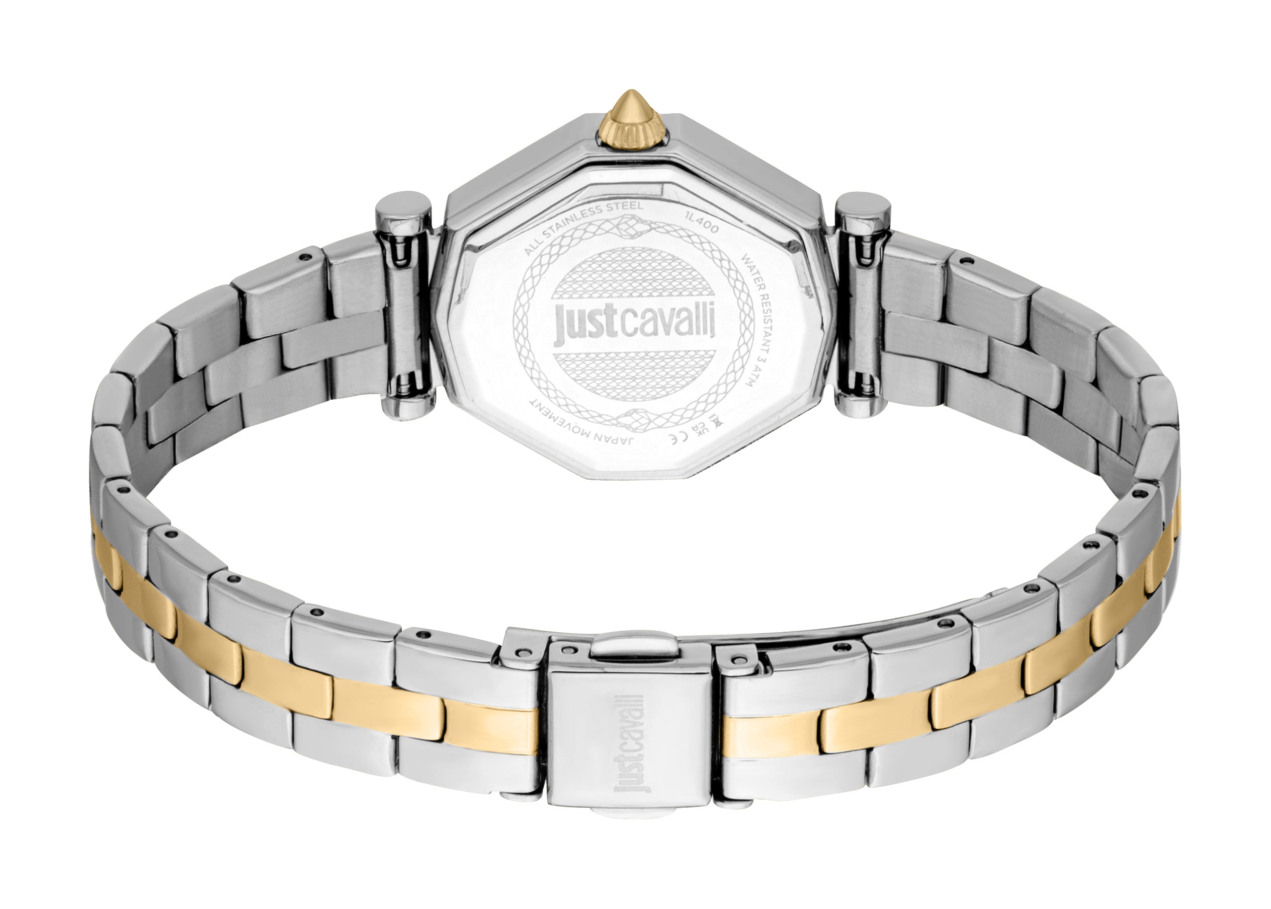 Two-tone watch with an octagonal silver-toned case back, gold-toned crown, and a bracelet with silver-toned outer links and g