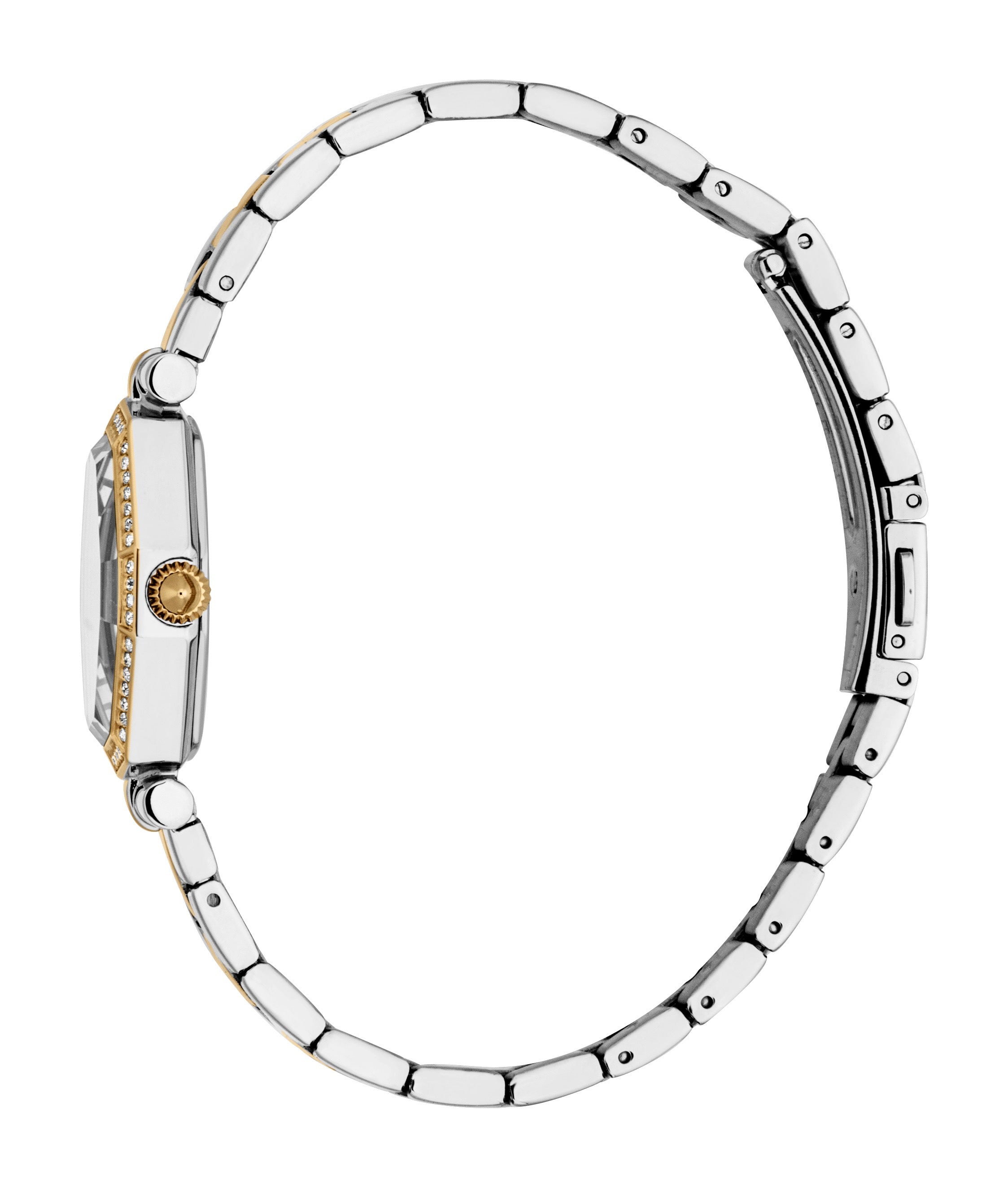Two-tone silver-toned and gold-toned women's watch with a rectangular, stone-adorned case, gold-toned crown, and link bracele