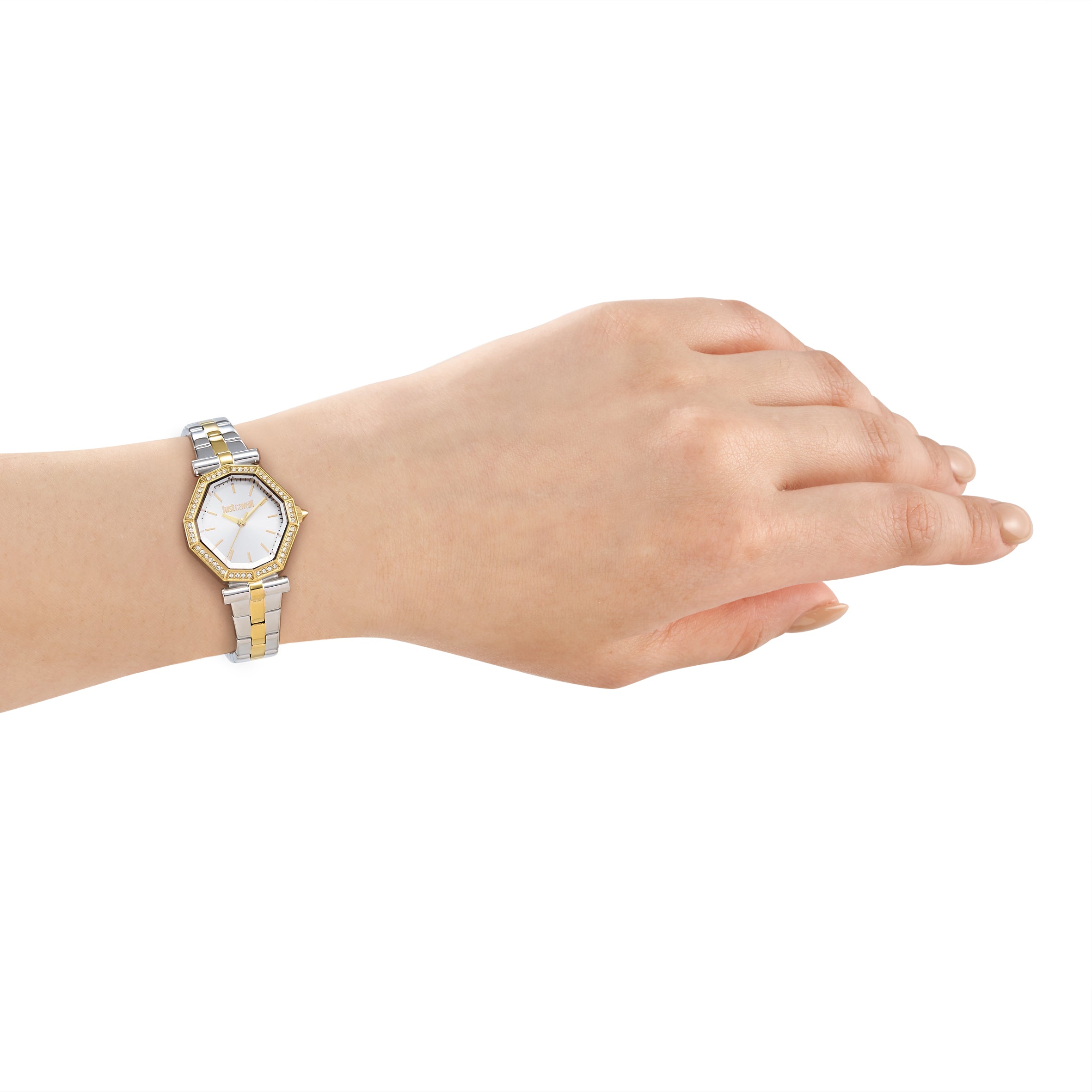 Octagonal gold-toned watch with clear stones on the bezel, silver-toned dial, and two-tone silver-toned and gold-toned metal