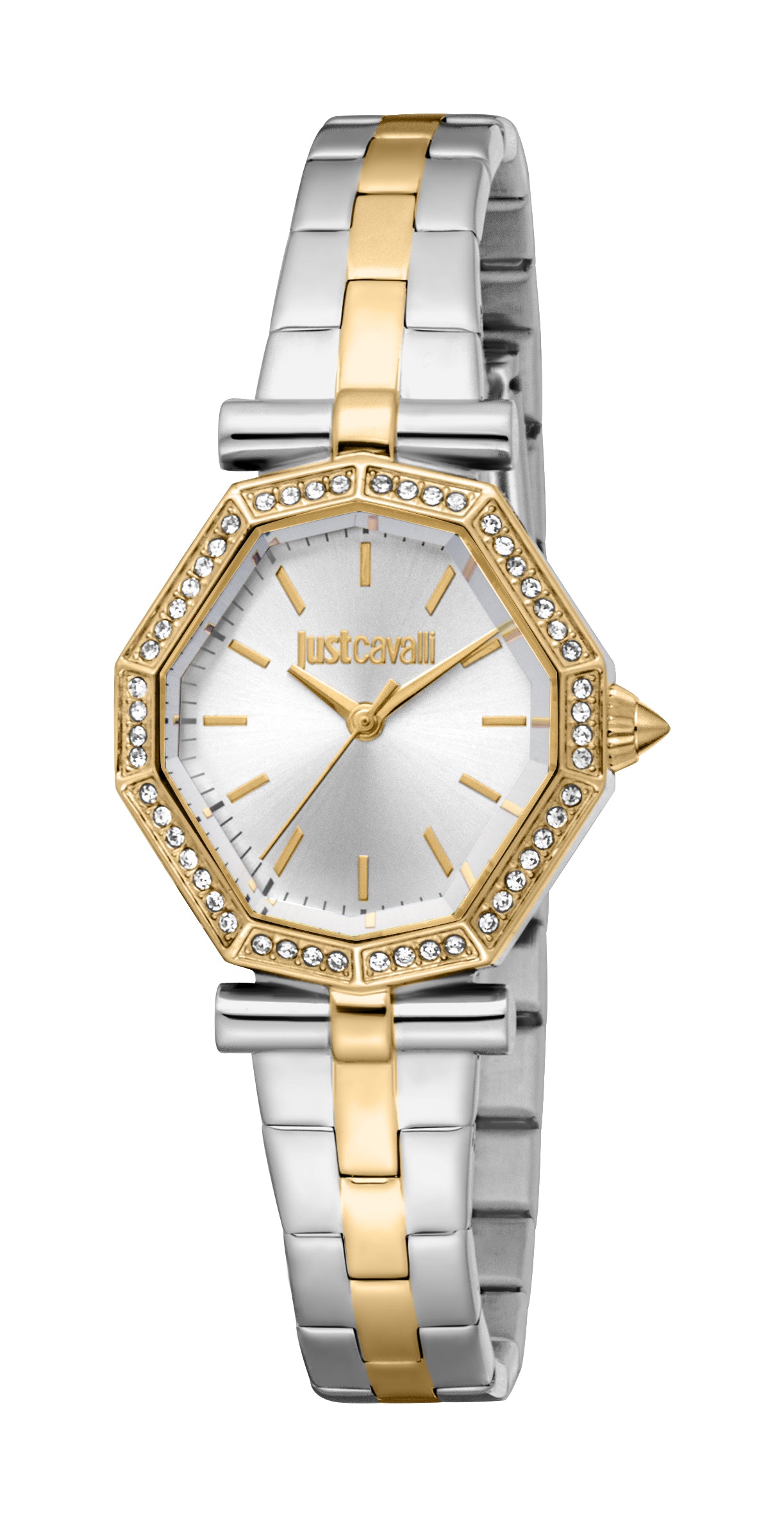Women's Just Cavalli watch with a silver-toned octagonal case, gold-toned embellished bezel, silver-toned dial, and two-tone