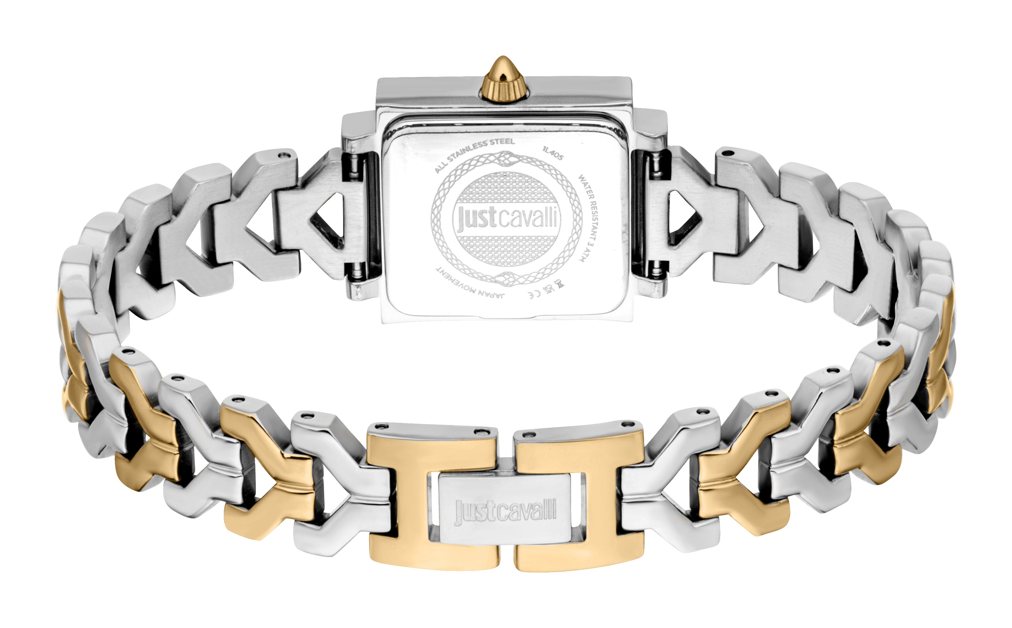 Back view of a women's watch with a silver-toned square case, gold-toned crown, and a two-tone silver and gold-toned link bra