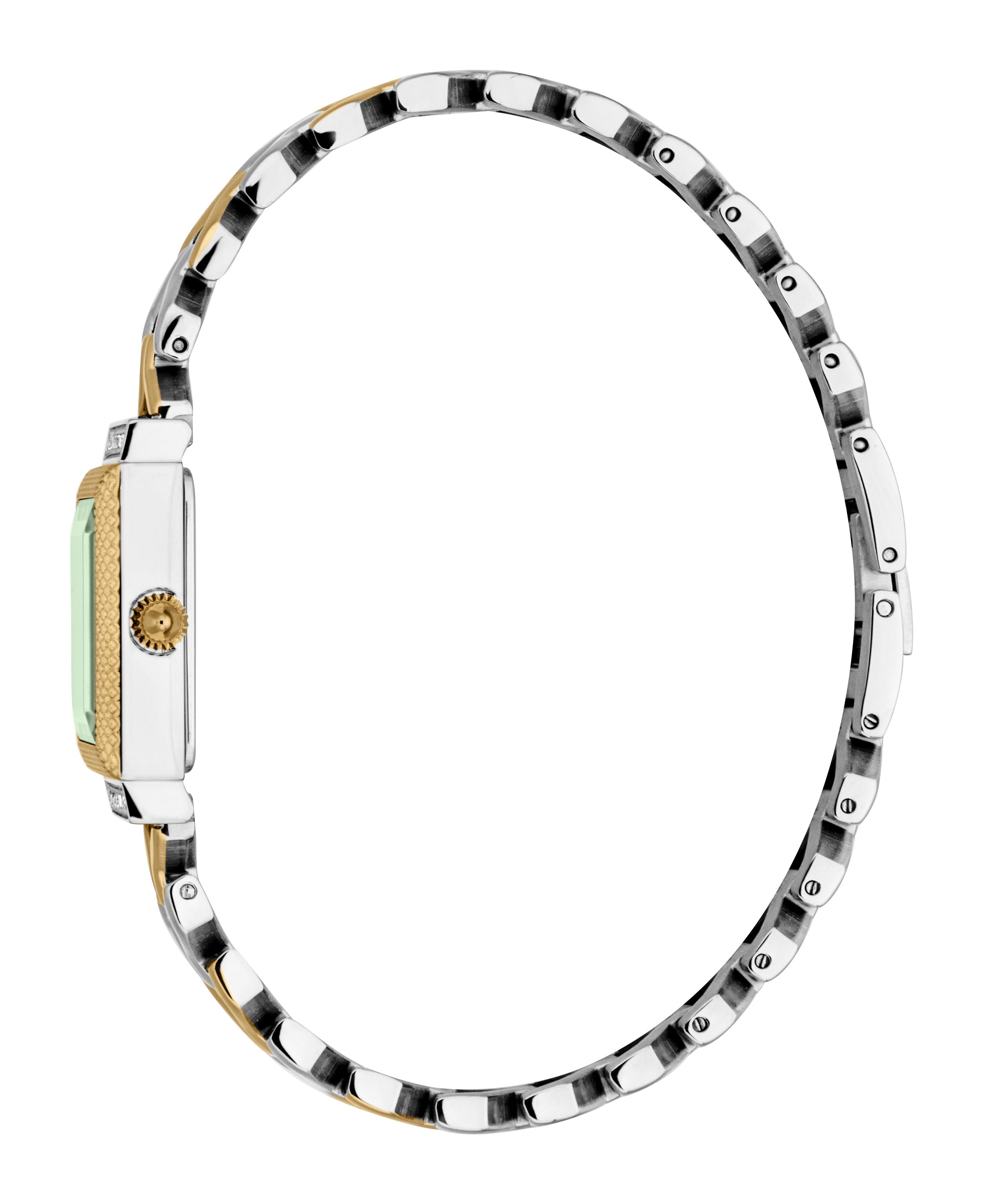 Rectangular silver-toned watch with textured gold-toned bezel, light green dial, gold-toned crown, and two-tone silver-gold-t