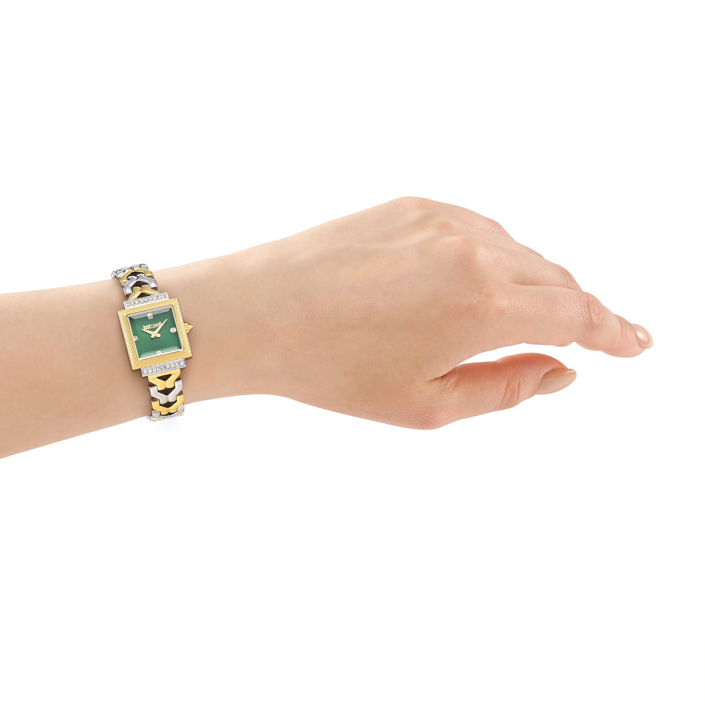 Square watch with dark green dial, gold-toned case with crystal accents and bird logo. Two-toned band has alternating gold-to