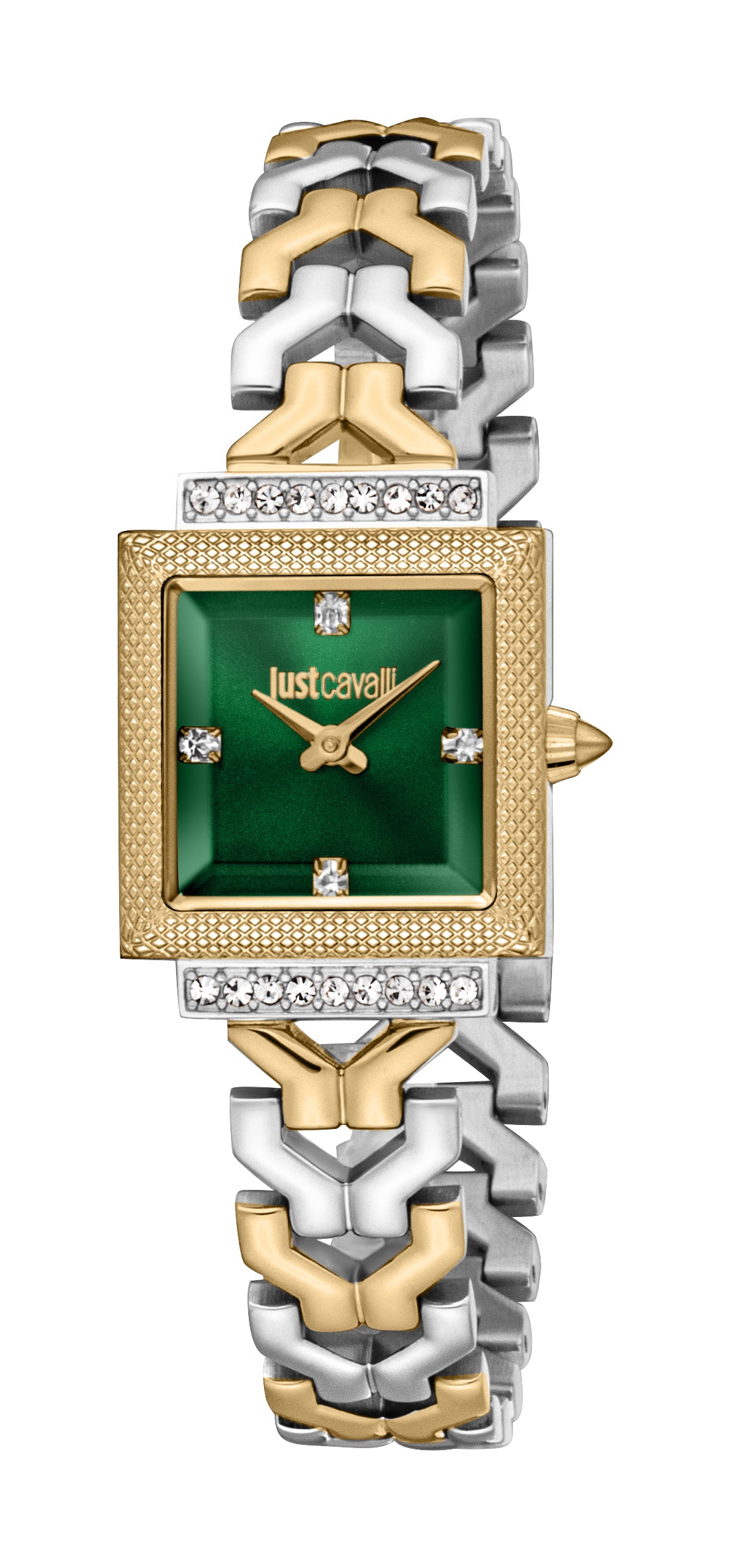 Just Cavalli women's watch with a square gold-toned case, dark green dial, and two-tone silver and gold-toned link bracelet.
