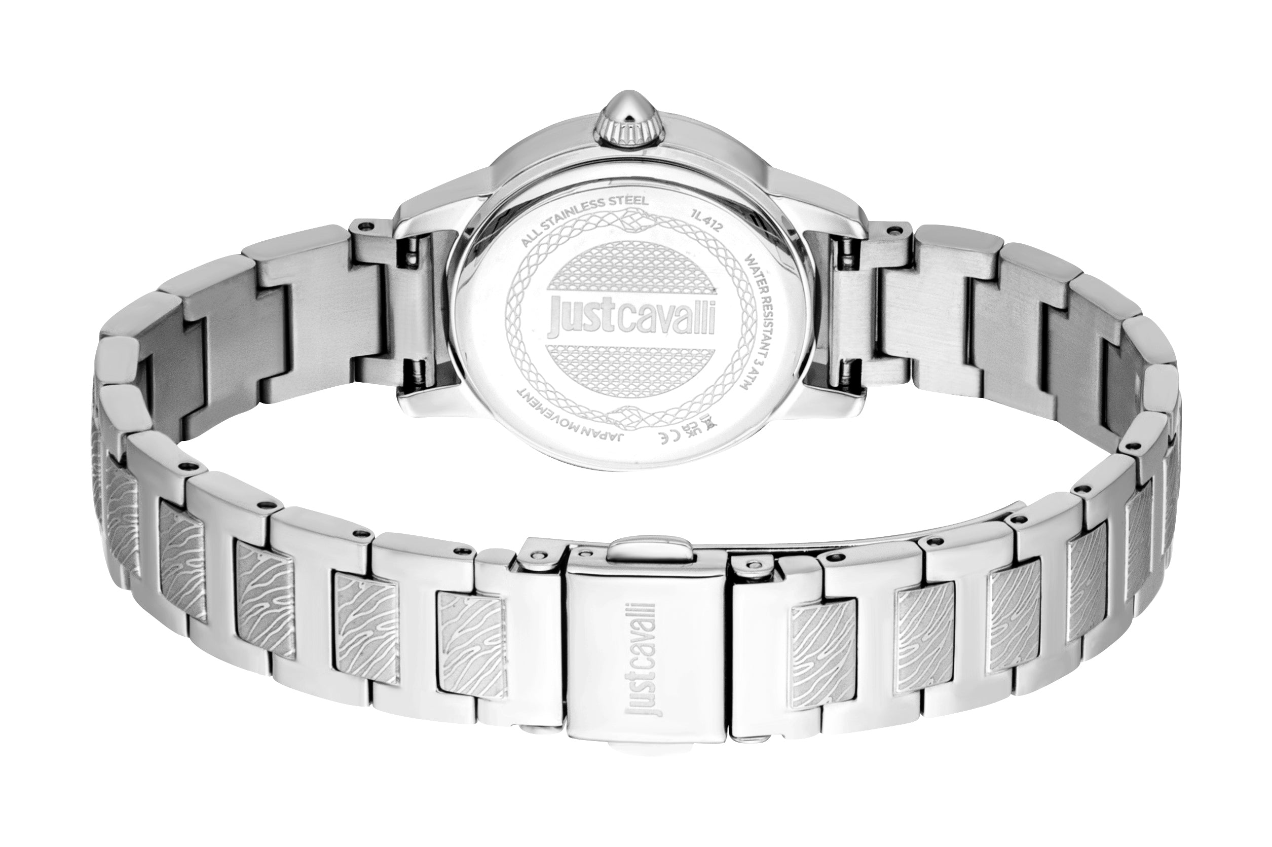 Silver-toned stainless steel watch, back view. Round case, link bracelet with patterned links and deployment clasp. Engraved