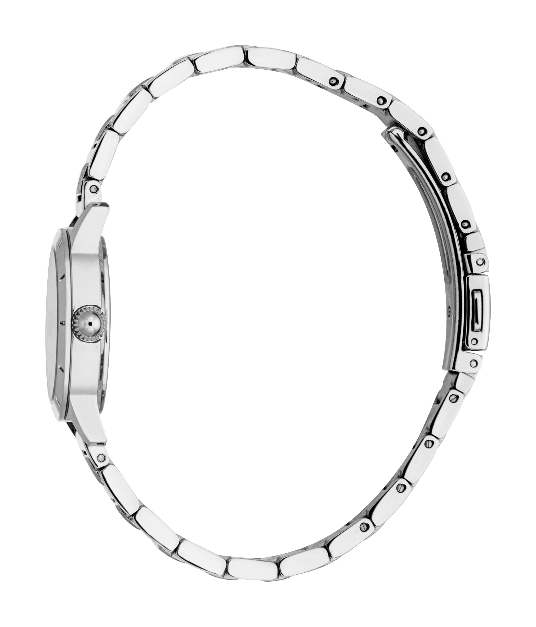 Women's watch with a round, silver-toned case, textured crown, and a silver-toned stainless steel link bracelet with a fold-o