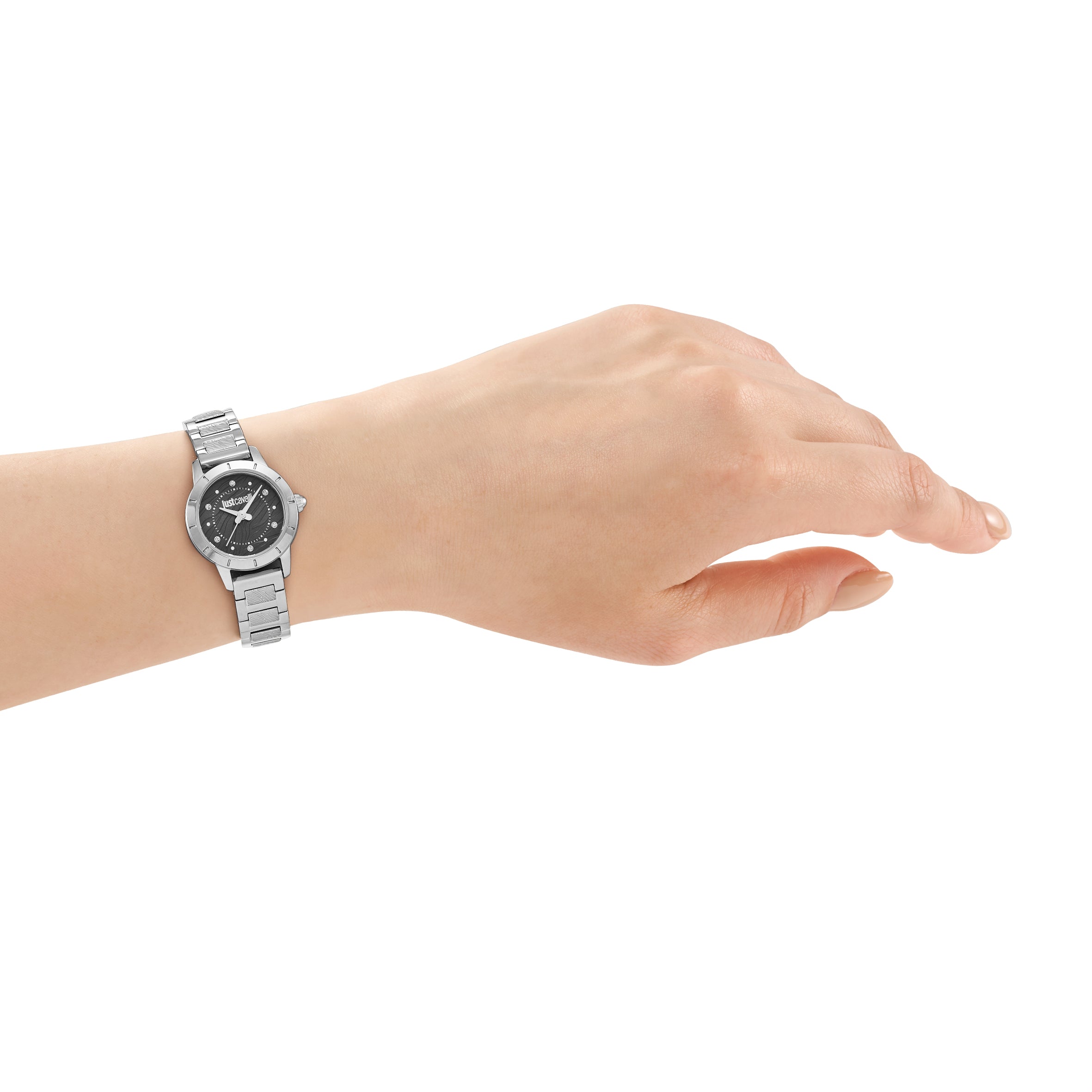 Silver-toned stainless steel watch with a round case, black dial, silver-toned hands, and crystal hour markers on a link brac
