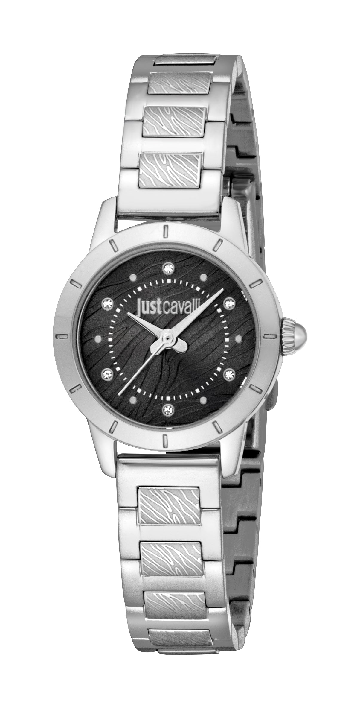 Just Cavalli women's silver-toned stainless steel watch with a black textured dial and silver-toned hour markers.