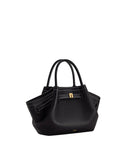 Black pebbled mini tote bag with two striped top handles, white contrast stitching, and a gold-toned rectangular clasp.