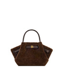 Dark brown faux fur mini tote bag with a single dark brown faux leather top handle and a gold-toned buckle closure.