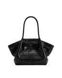 Black crocodile-embossed medium tote bag with two slender top handles and a wide, flared silhouette.