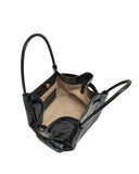 Black crocodile-embossed faux leather medium tote bag with two top handles, gold-toned magnetic snap, light interior, and sli