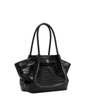 Black crocodile-embossed medium tote bag with two top handles, cinched sides, and a front flap with a gold-toned rectangular