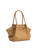 Tan pebbled leather tote bag with two top handles, and a front strap with a gold-toned rectangular buckle.