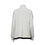 JIJIL white zip-up sweatshirt with high collar, black contrast stripes on sleeves, and front pockets displayed on a white background.
