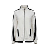 JIJIL white zip-up sweatshirt with high collar, black contrast stripes on sleeves, and front pockets displayed on a white background.