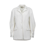 JIJIL white blazer with classic lapel collar, front button closure, flap pockets, and long sleeves, photographed on a white background.