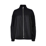 JIJIL black zip-front jacket with sheer mesh front panel, long sleeves, high neckline, and elastic cuffs, displayed on a white background.