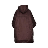 Burgundy oversized puffer jacket with short sleeves, quilted padded design, high collar, and relaxed cocoon silhouette on a white background.