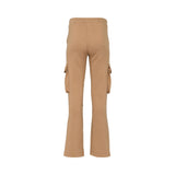Camel cargo trousers with high waist, utility flap pockets on the legs, structured seams, and flared hems, photographed on a white background.