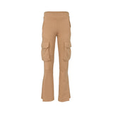 Camel cargo trousers with high waist, utility flap pockets on the legs, structured seams, and flared hems, photographed on a white background.