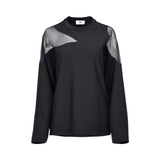 JIJIL black long-sleeve top with sheer mesh panels on shoulders and upper sleeves, crew neckline, displayed on a white background.
