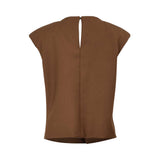 Brown sleeveless top with asymmetrical wrap-style front and crystal embellishment detail on the chest, photographed on a white background.