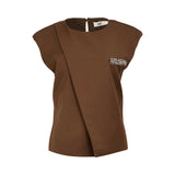 Brown sleeveless top with asymmetrical wrap-style front and crystal embellishment detail on the chest, photographed on a white background.