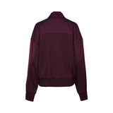 Burgundy zip-front jacket with shawl collar, long sleeves, ribbed hem, relaxed fit, and smooth structured fabric, photographed on a white background.