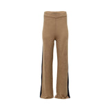 JIJIL camel knit trousers with straight-leg fit and contrasting black side panels on a clean white background.