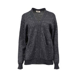 JIJIL dark grey knit cardigan featuring a V-neck design, long sleeves, front pockets, and delicate stud embellishments, photographed on a white background.