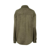 JIJIL olive green suede-look button-front top with classic collar, long sleeves, relaxed fit, and curved hem, photographed on a white background.