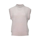 Front view of a JIJIL light pink sleeveless knitted vest featuring a mock neck and silver metallic striped trim on the collar and armholes.