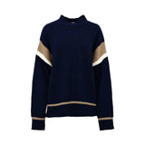 JIJIL navy blue knit sweater with long sleeves, contrast beige and white sleeve panels, a high neckline, and ribbed cuffs, photographed on a white background.