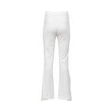 JIJIL white women’s flared trousers with a tailored fit and subtle slit detail, minimalist elegant design on a white background.