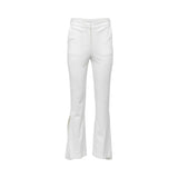 JIJIL white women’s flared trousers with a tailored fit and subtle slit detail, minimalist elegant design on a white background.